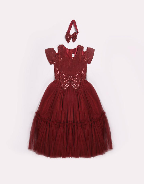 Elegant Maroon Party Dress with Matching Headband – For Girls